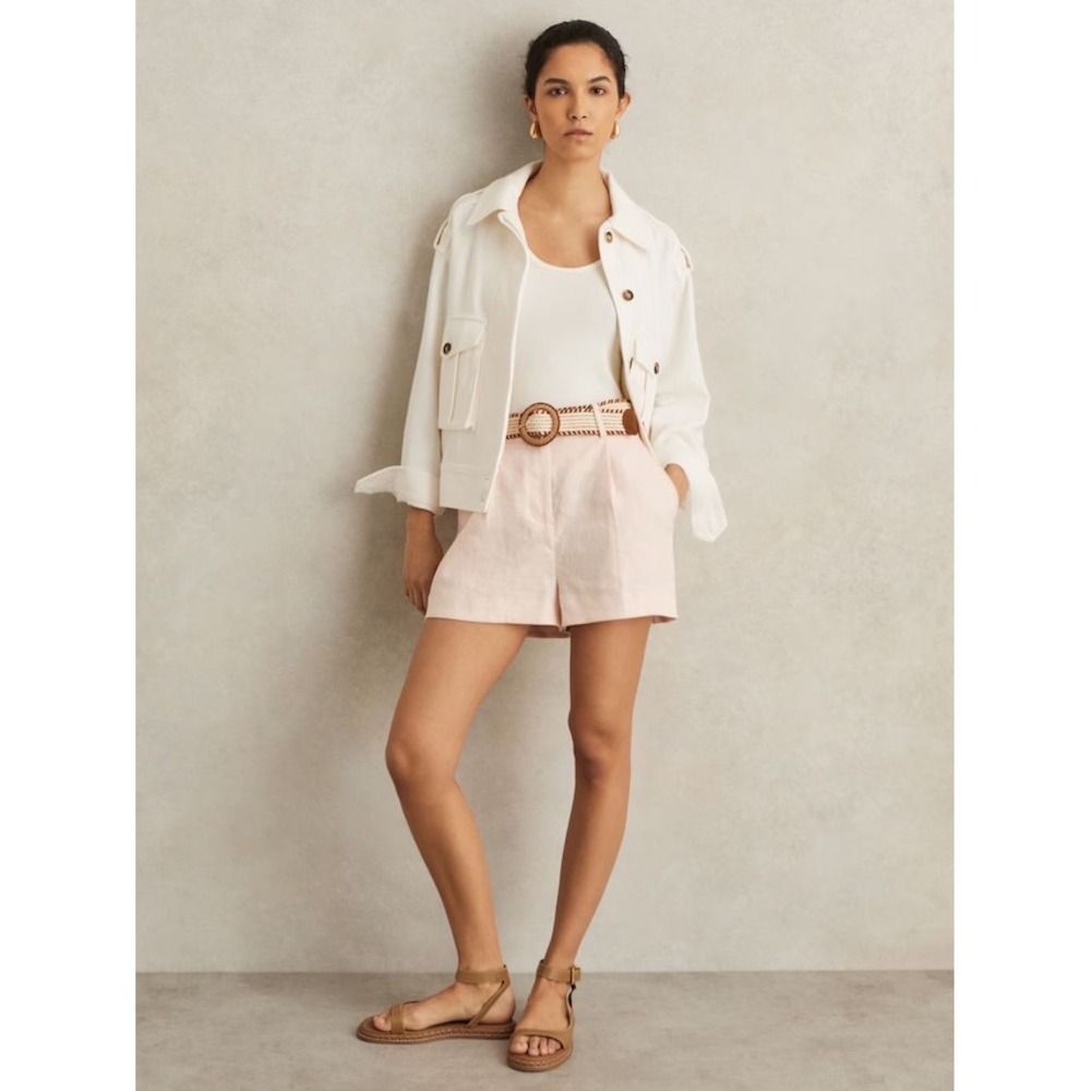 NWT Reiss Beau Belted Linen Shorts in Light Pink / Size 16 / Belted / MSRP $175